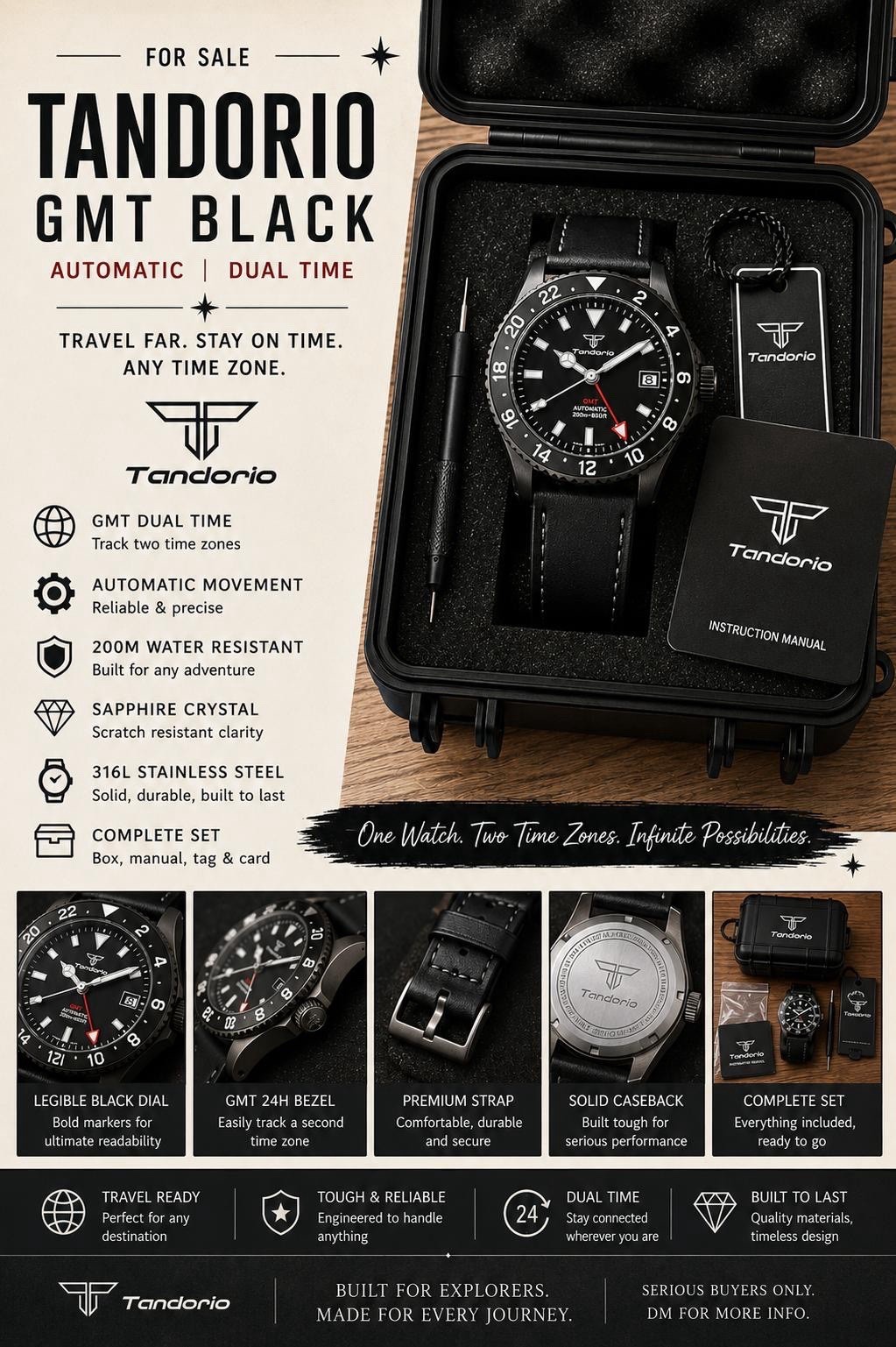 Tandorio GMT Black Diver Automatic GMT 200m Sapphire Black Dial 40-43.9mm Box