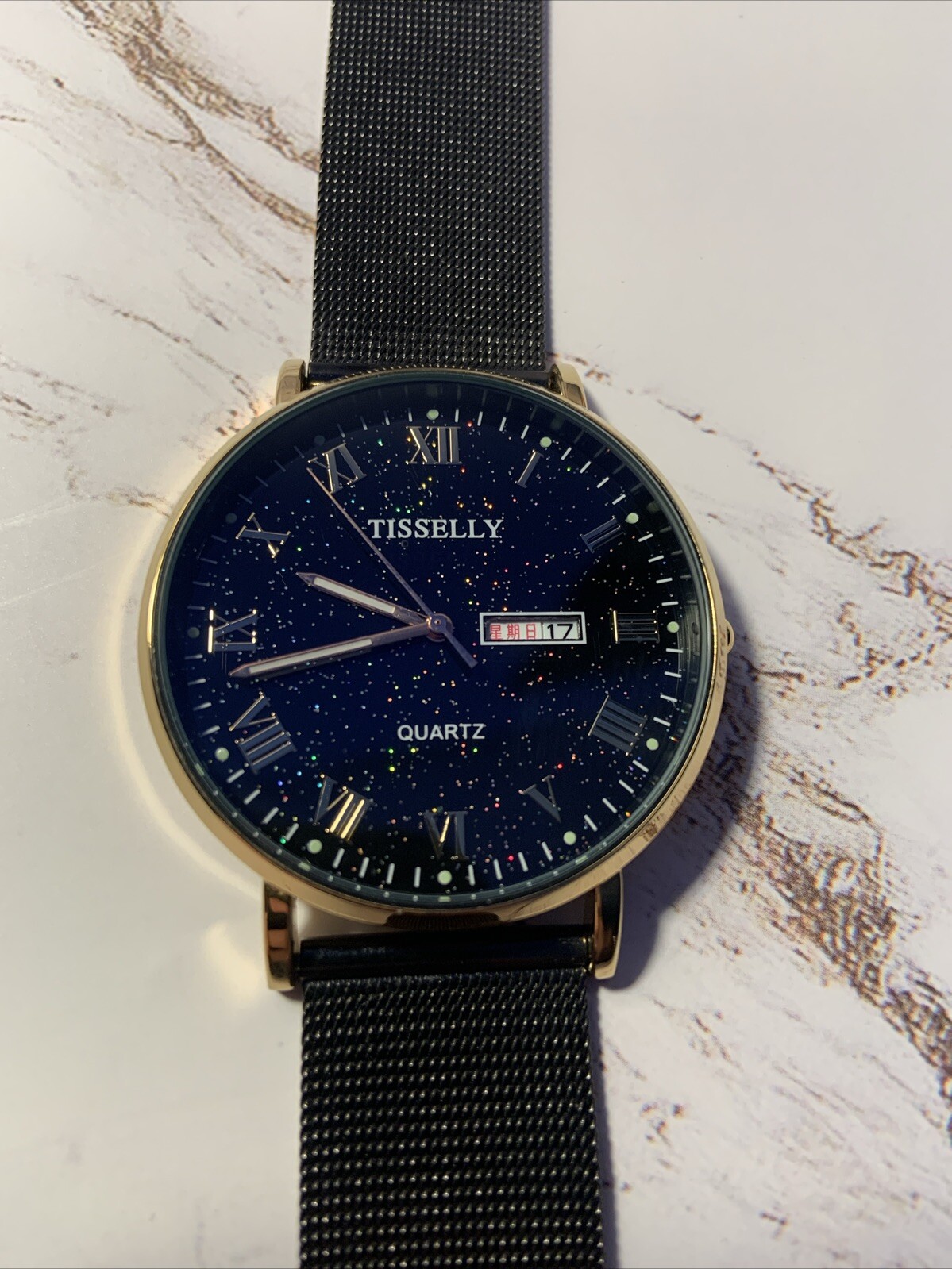 TISSELLY Men’s Round shaped Dress Waterproof Watch Glitter Diamond Face NEW