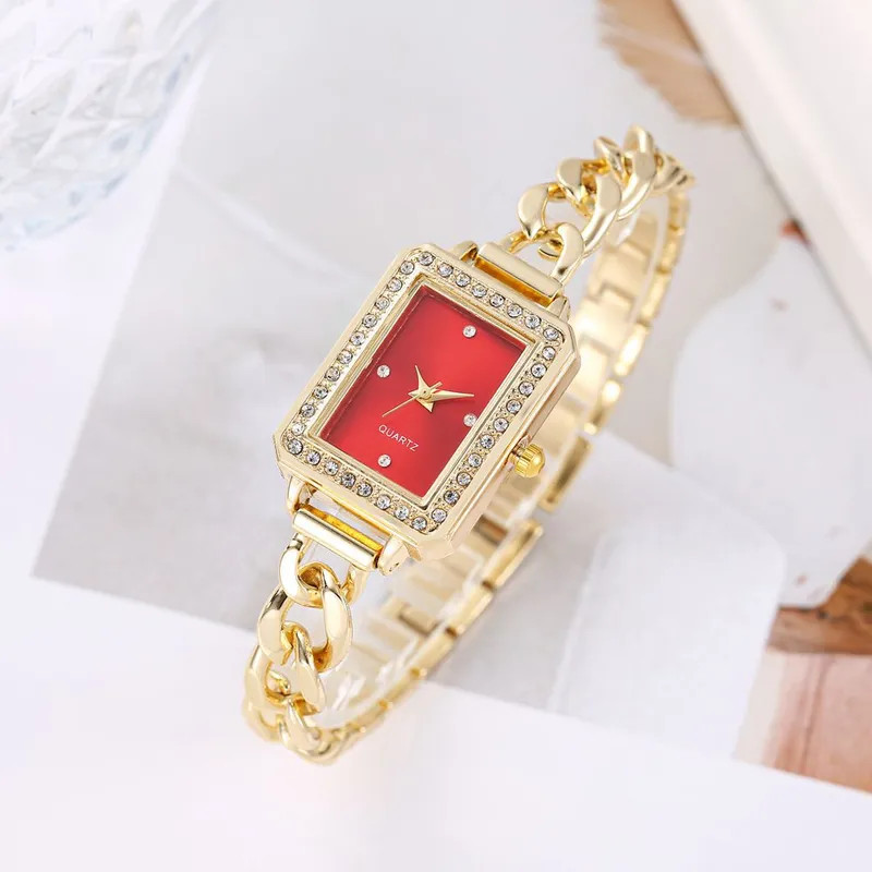 New Rectangular Diamond-encrusted Watch Gold Bracelet Fashion Watch Full Color
