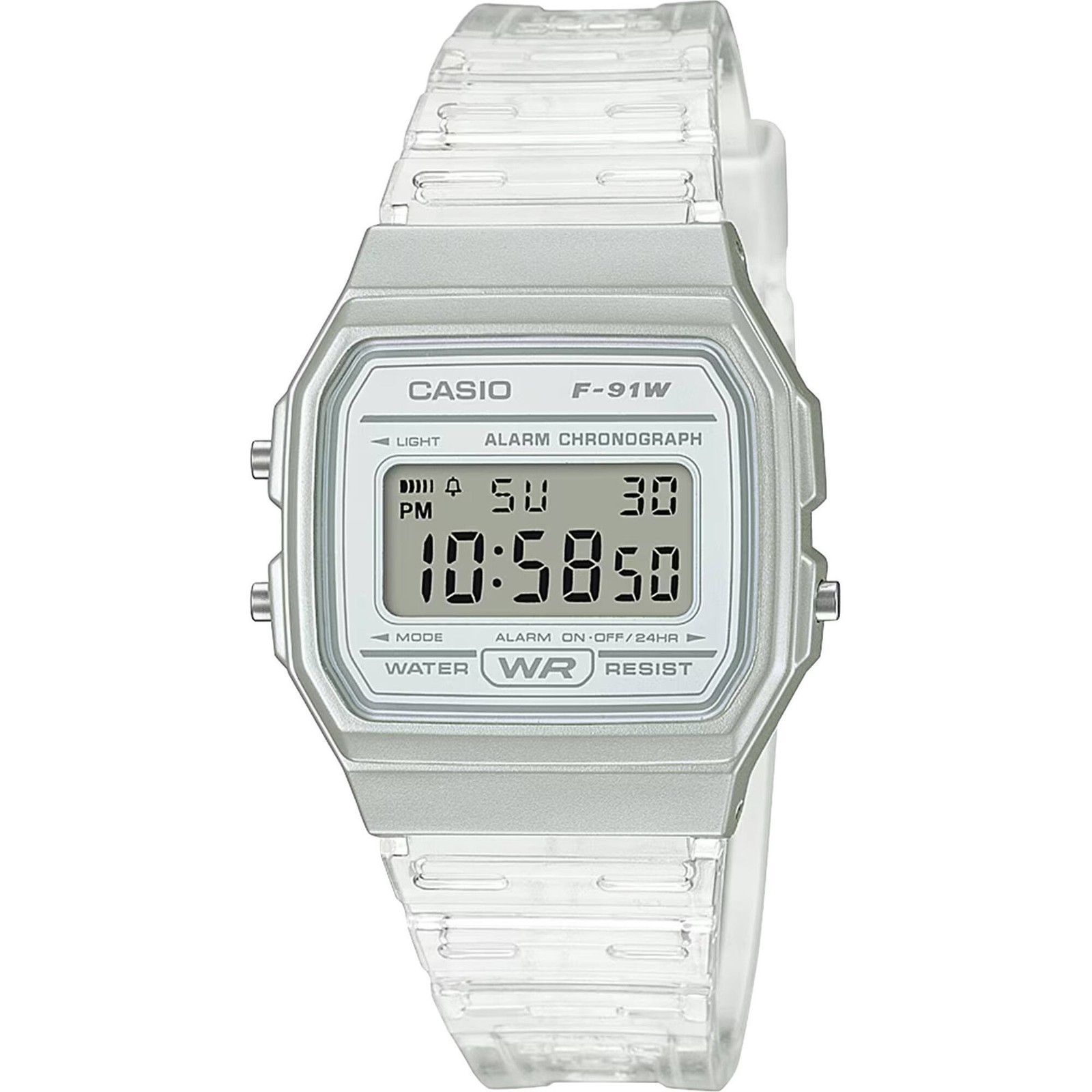 Casio Unisex Watch Grey Digital Dial Clear Resin Strap Daily Alarm F-91WS-7CF