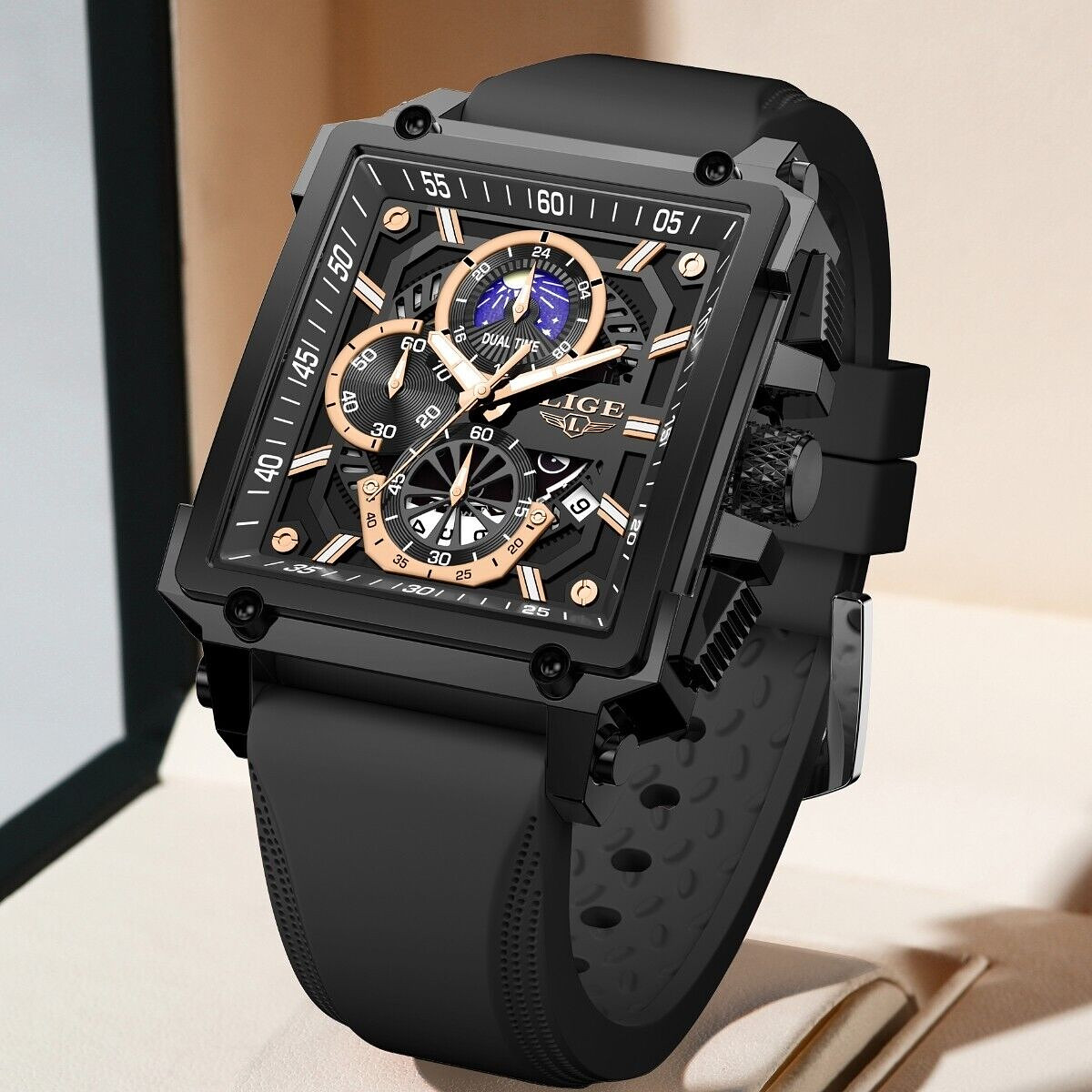 LIGE Men Watch Quartz Luminous Date Moon image 3ATM Waterproof Sport Wristwatch