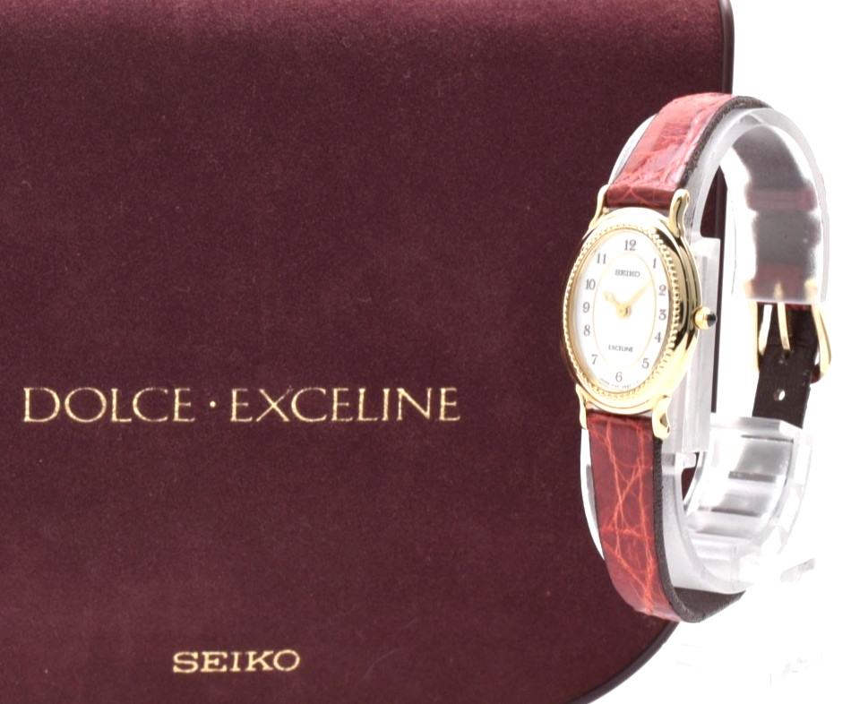 [Mint] SEIKO Exceline 1F20-6A4A Gold MOP Dial Red Leather Quartz Women’s Watch