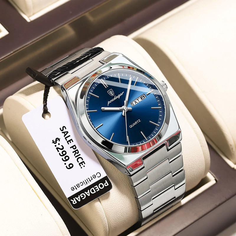 POEDAGAR Men’s Luxury Quartz Watch Stainless Steel Waterproof Luminous Date