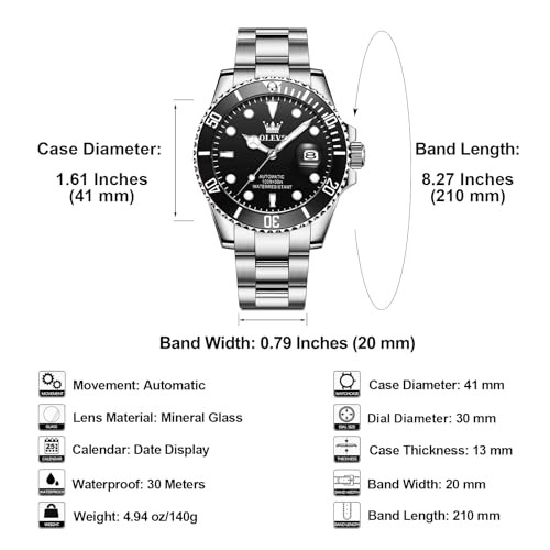 Men’s Automatic Watch, Large Face Easy to Read 01 Black Dial Silver Band