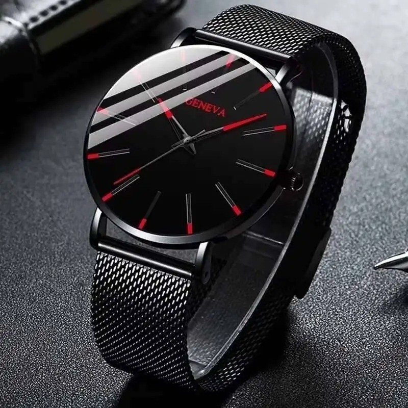 Mens Watches Black & Red Wrist Watch with Mesh Strap Quartz Watch mens