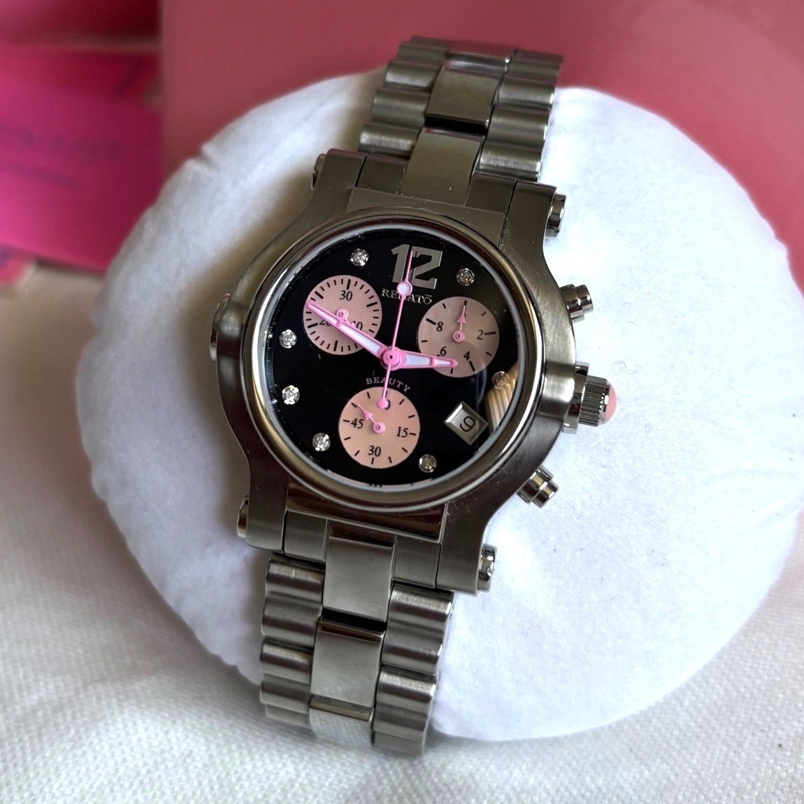 Renato Beauty Chronograph Swiss Movt Black Pink Dial Crystal Women’s Watch Date
