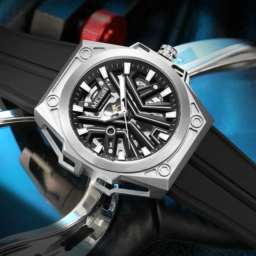 47MM MEGIR Automatic Skeleton Watch Men’s Luxury Waterproof Silicone Analog NEW