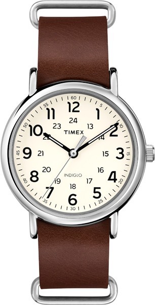 40mm Timex Weekender Men’s Watch Brown Leather Strap white/cream Dial T2P495