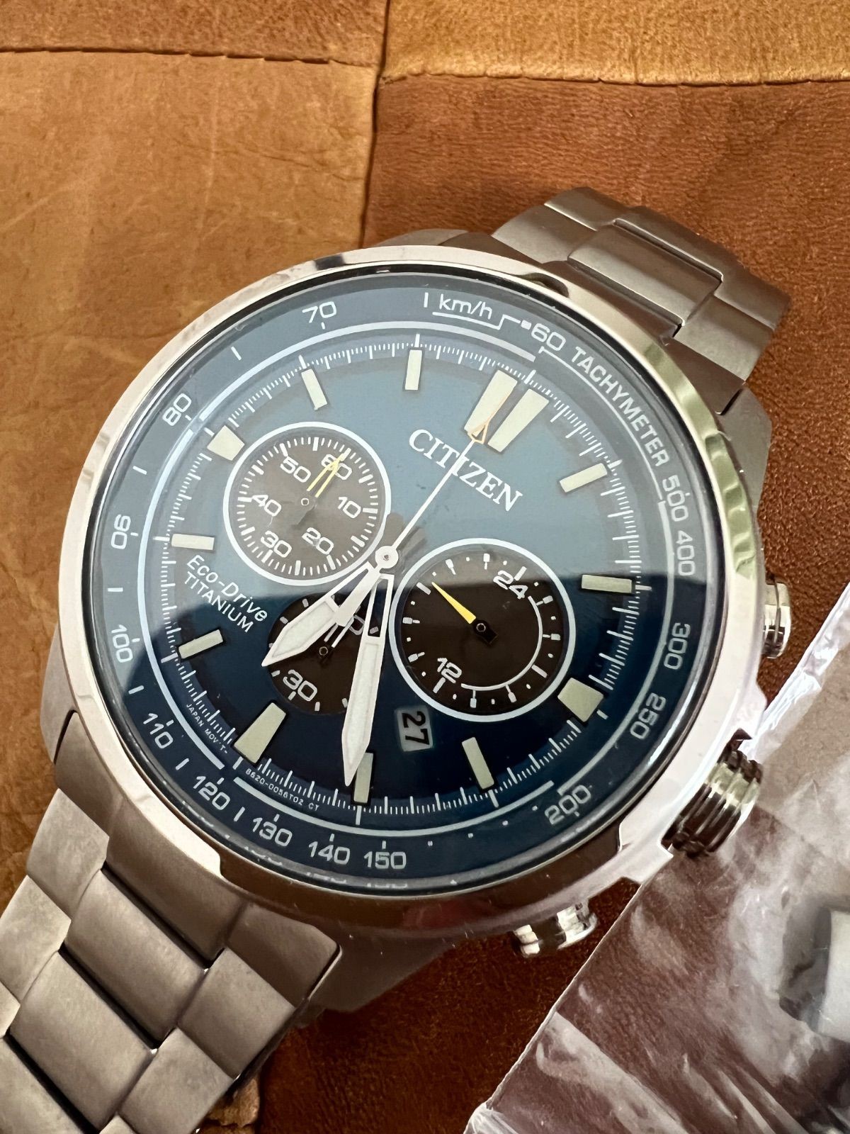 CITIZEN CA4570-88L Eco-Drive Chronograph Titanium Silver Blue Used Japan