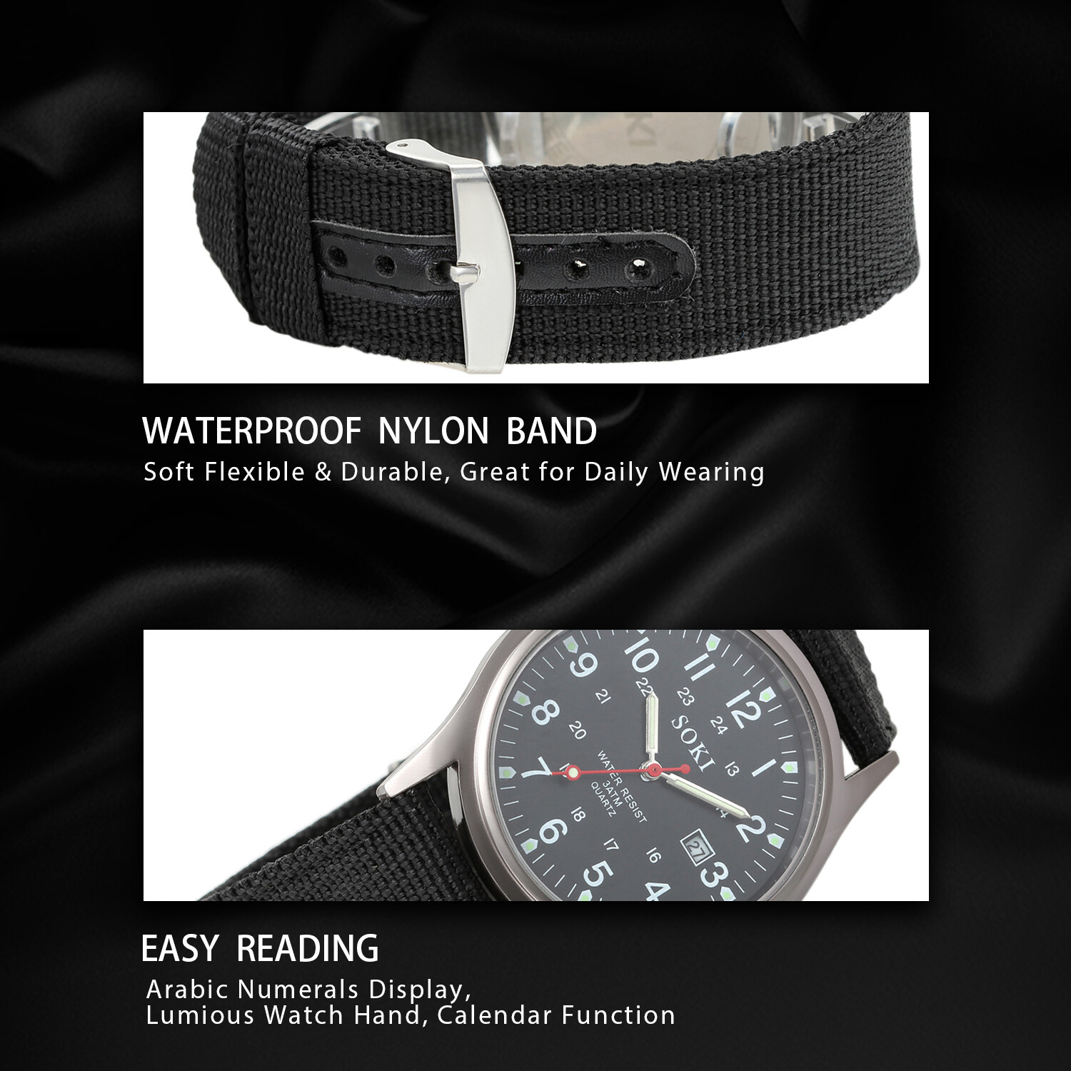 Mens Watch Easy Reader Date Leather Strap Watch Military Wrist Watch Canvas Band
