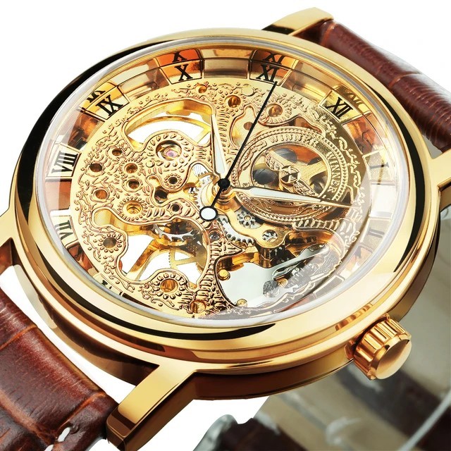 Jacob Transparent Gold Skeleton Mechanical Watch Casual Leather Strap Men