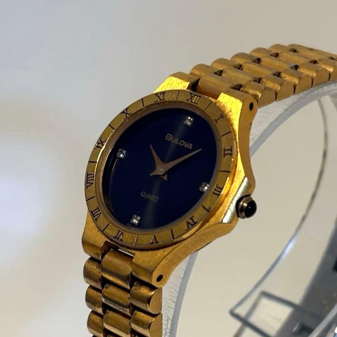 Bulova Gold Wristwatch Diamond Quartz Ladies Black Japan Working 07218
