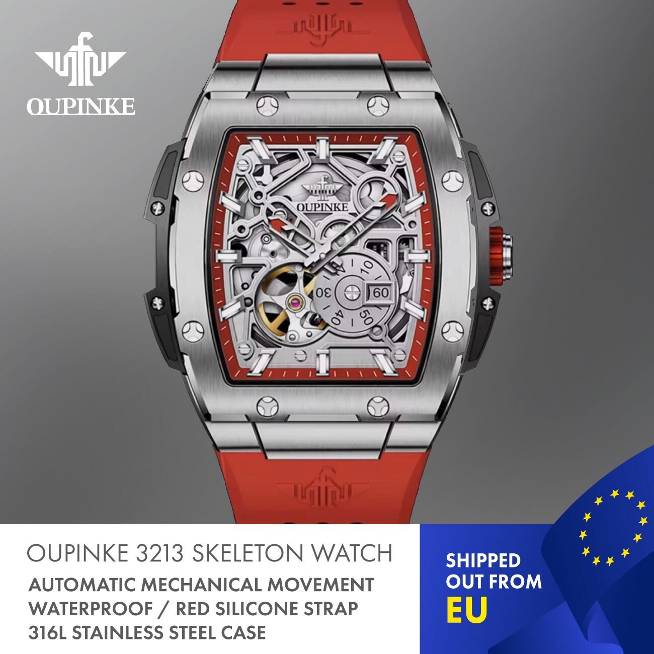 OUPINKE 3213 Skeleton Automatic Mechanical Waterproof Watch . Red edition.