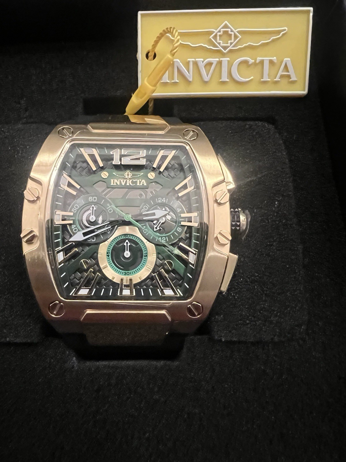 Invicta Racing 48468 Men’s Chronograph Green Skeleton Dial Gold Tone Watch New