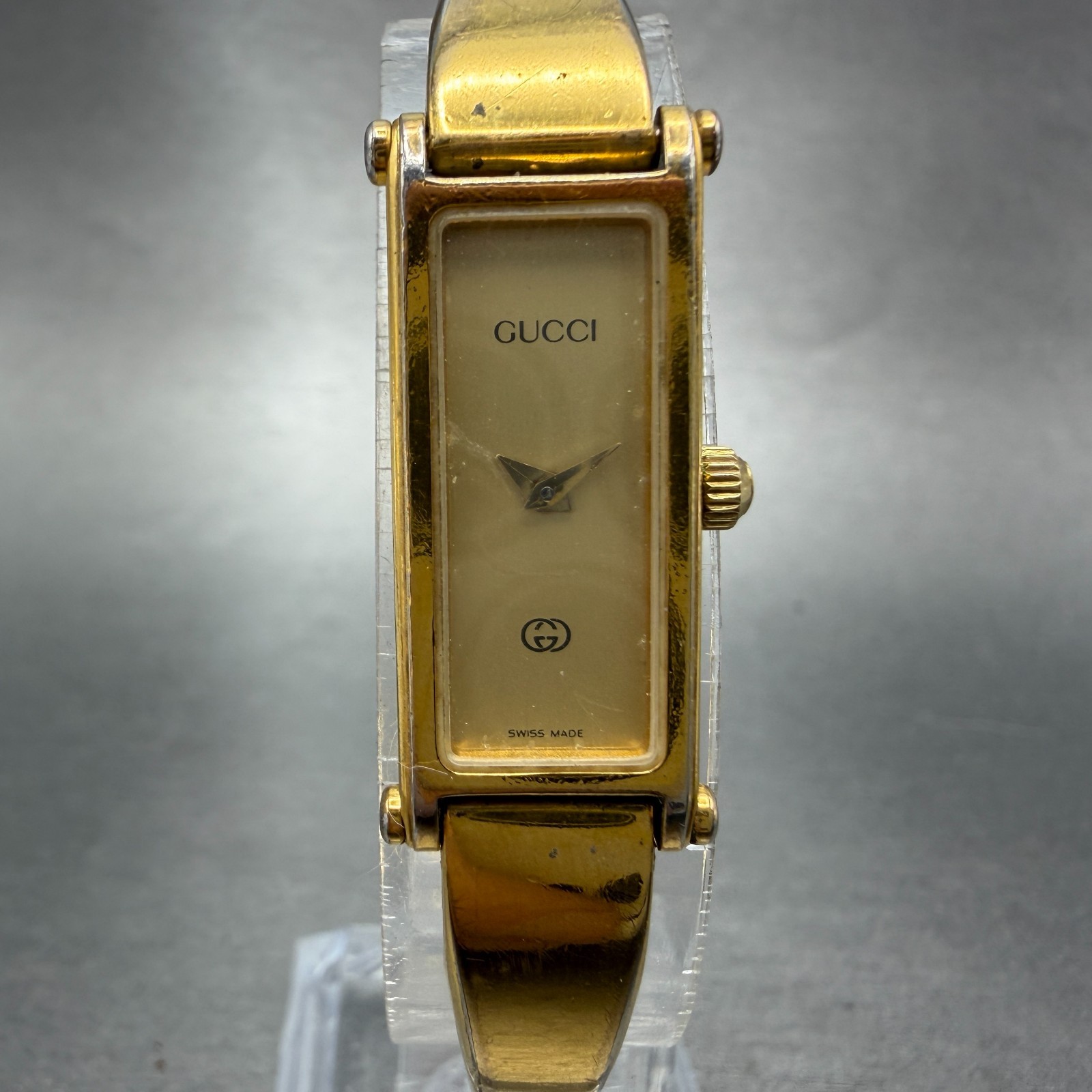 Gucci 1500L Tank Watch Women 12mm Gold Dial Gold Rectangle Bangle New Battery JT