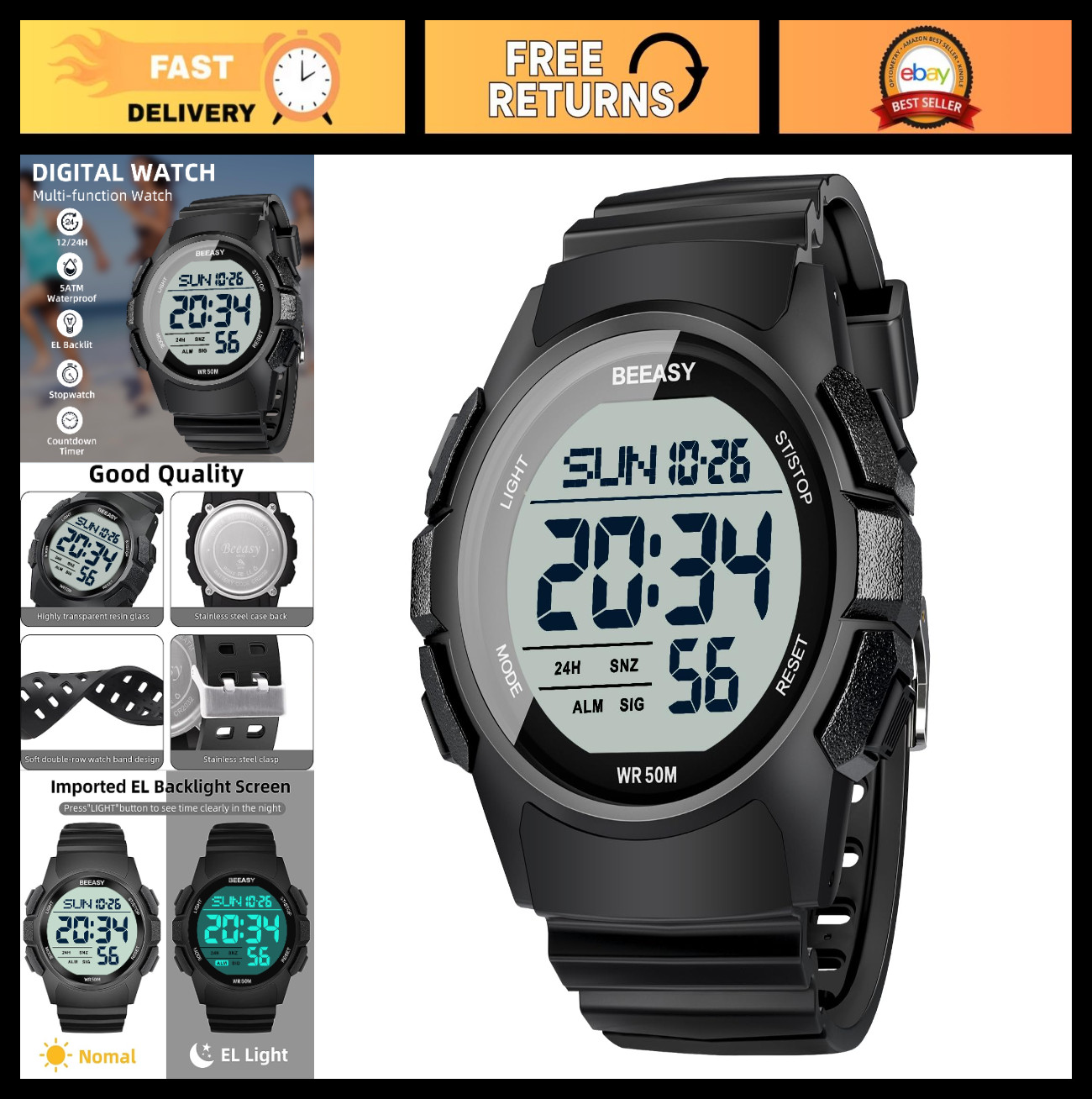 Men’s Digital Sports Watch 50M Waterproof 49mm Rubber Strap Stopwatch Timer Alar