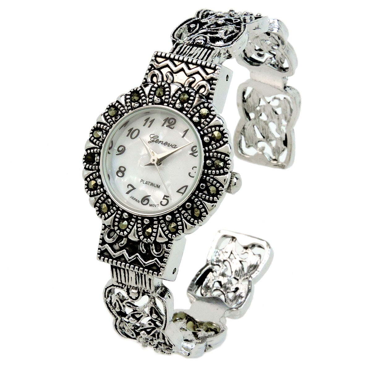 Blekon Women’s Vintage Style Silver Black Marcasite Round Face Bangle Cuff Watch