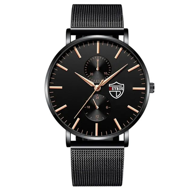Men’s Luxury Ultra Thin Quartz Watch with Black Stainless Steel Mesh Band