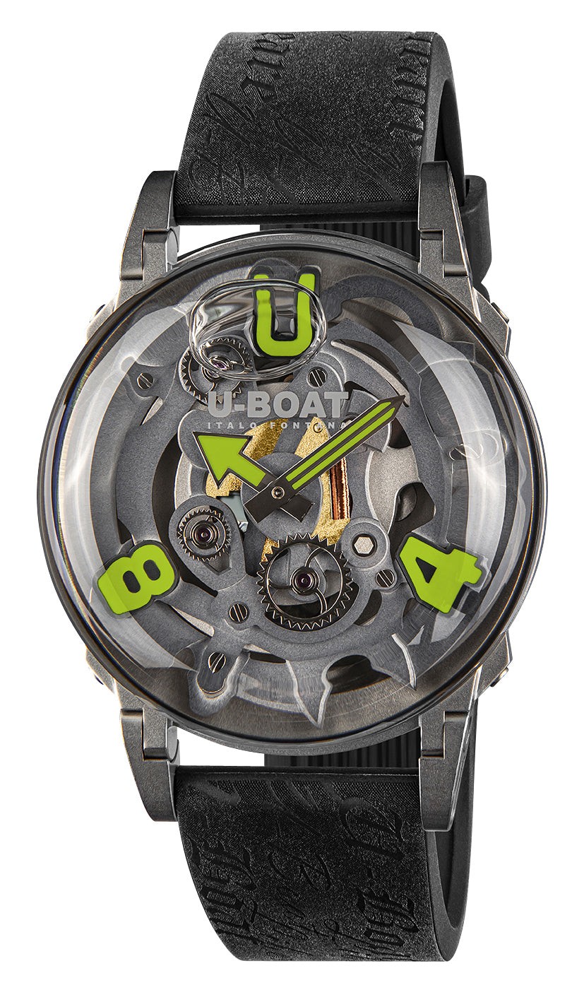 U-Boat U-65 “Green” Gray Skeleton Dial Black Silicone Quartz Mens Watch 3350