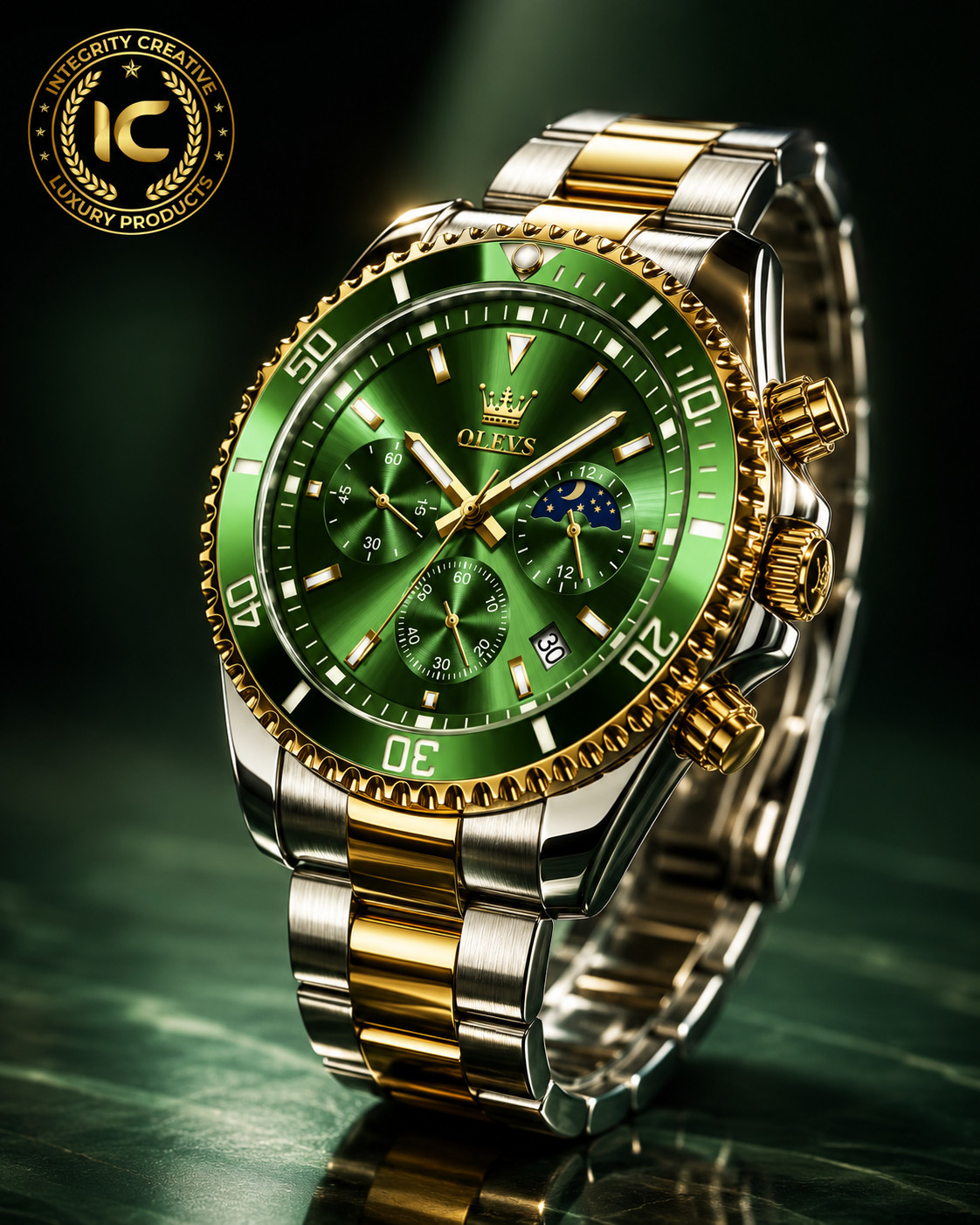 Men Luxury 43m Quartz Diver Watch Gold Silver Bracelet 30M Waterproof Green Dial