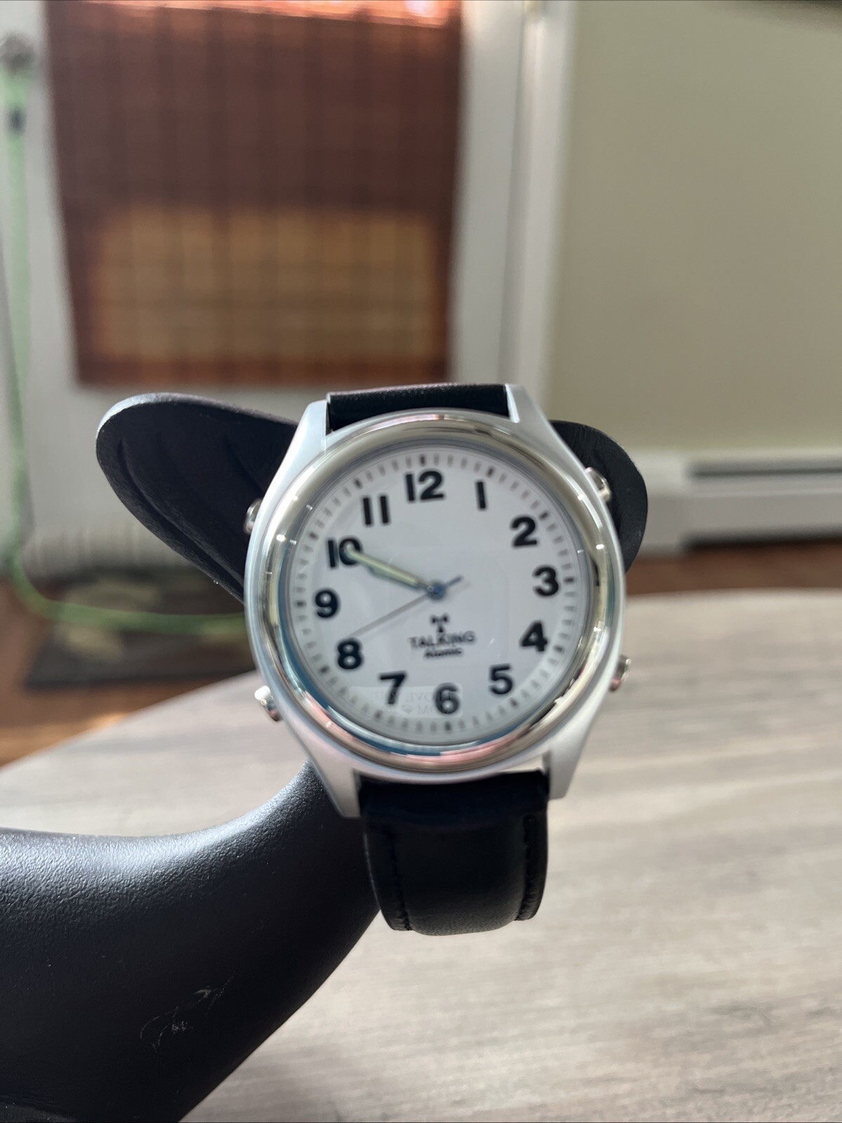 Talking Atomic Watch Leather Black Strap Silver Chrome head Loud And Clear Watch