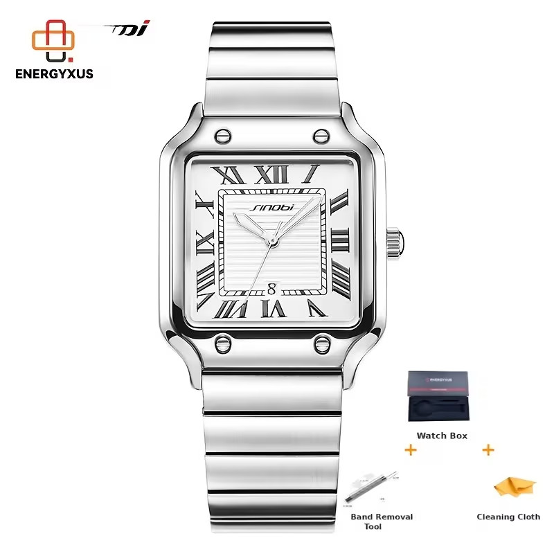 Luxury Dress Watch Men Santos Style Square Case Silver Dial Metal Band