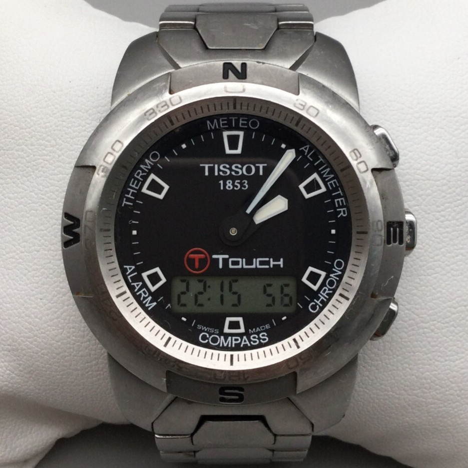 Tissot T Touch Watch Men 42mm Silver Tone Black Dial Swiss New Battery 6.75″