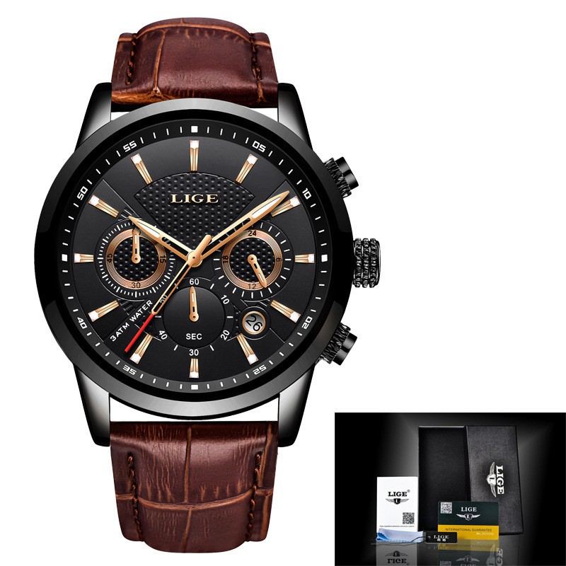 LIGE Men’s Luxury Chronograph Leather Strap Quartz Watch Waterproof Analog Date