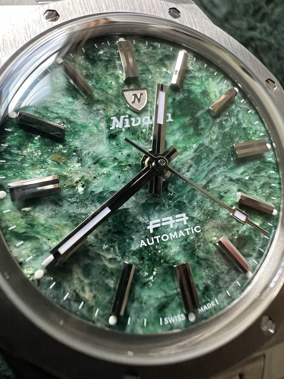 Nivada Grenchen F77 Automatic Stainless Steel Green Aventurine Dial Watch