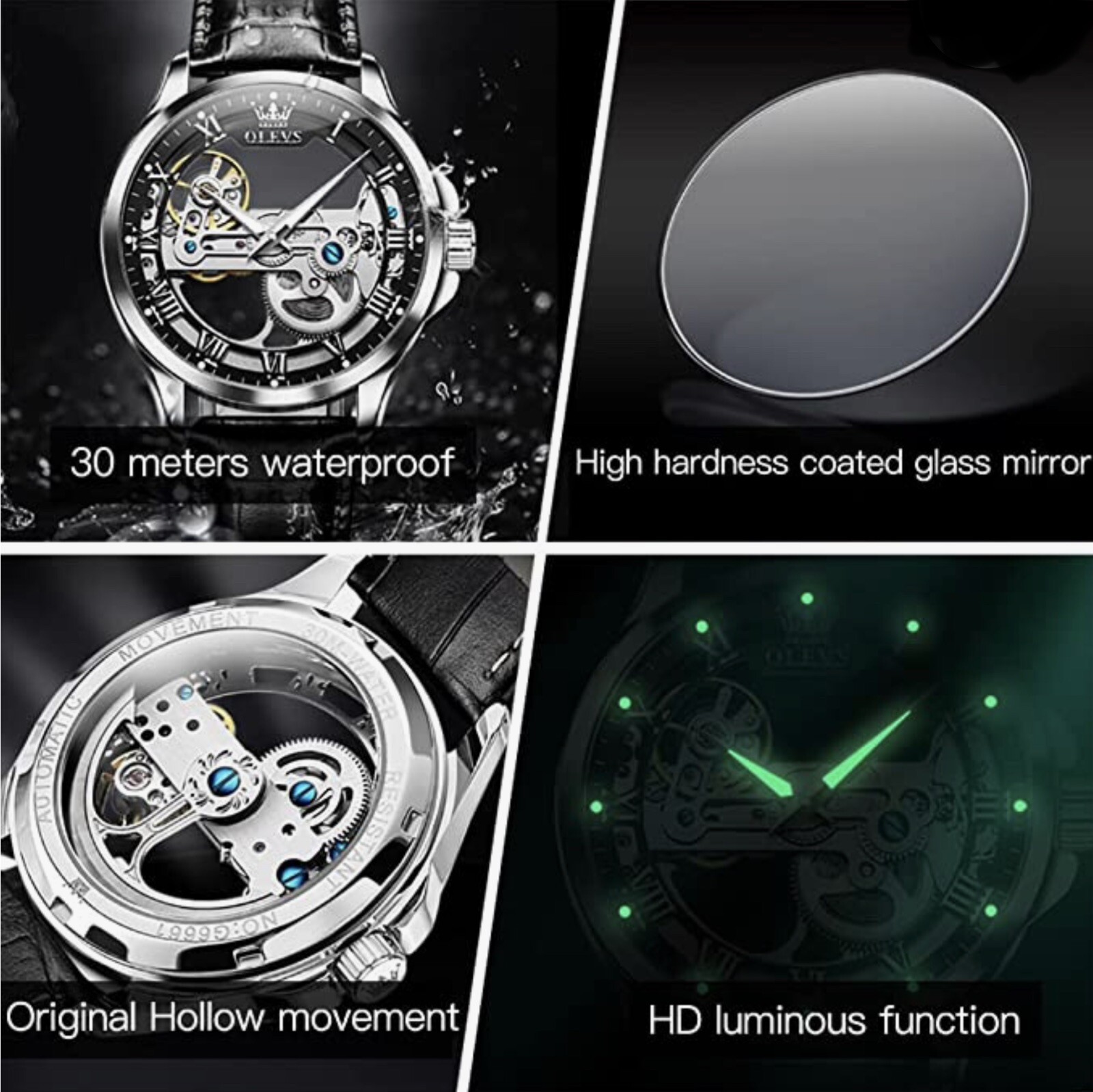 OLEVS Skeleton Watches for Men Automatic Self Winding Mechanical Luxury Leather