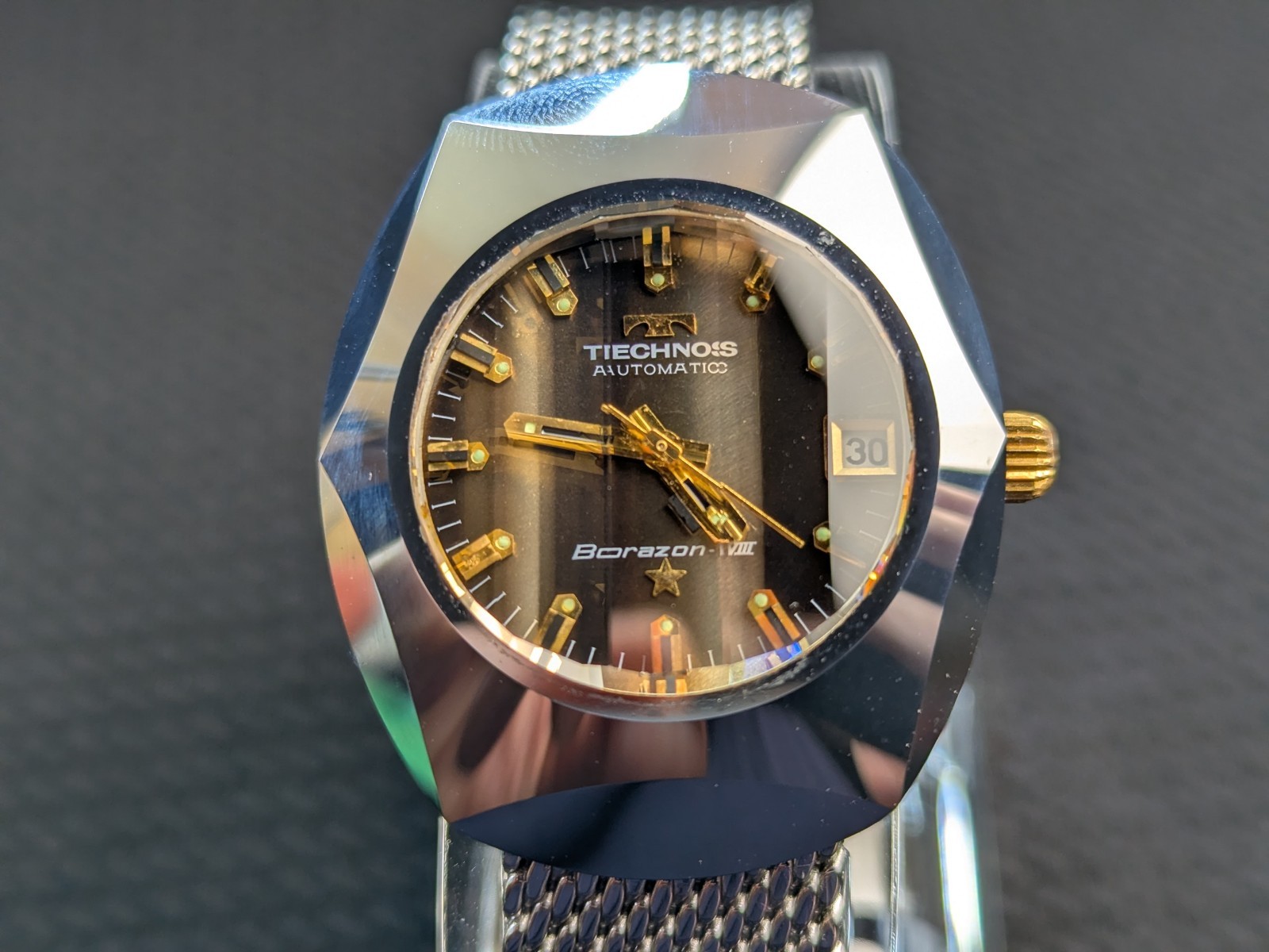 Vintage Technos Borazon VIII Automatic Swiss Made ETA Watch Tungsten Faceted 70s