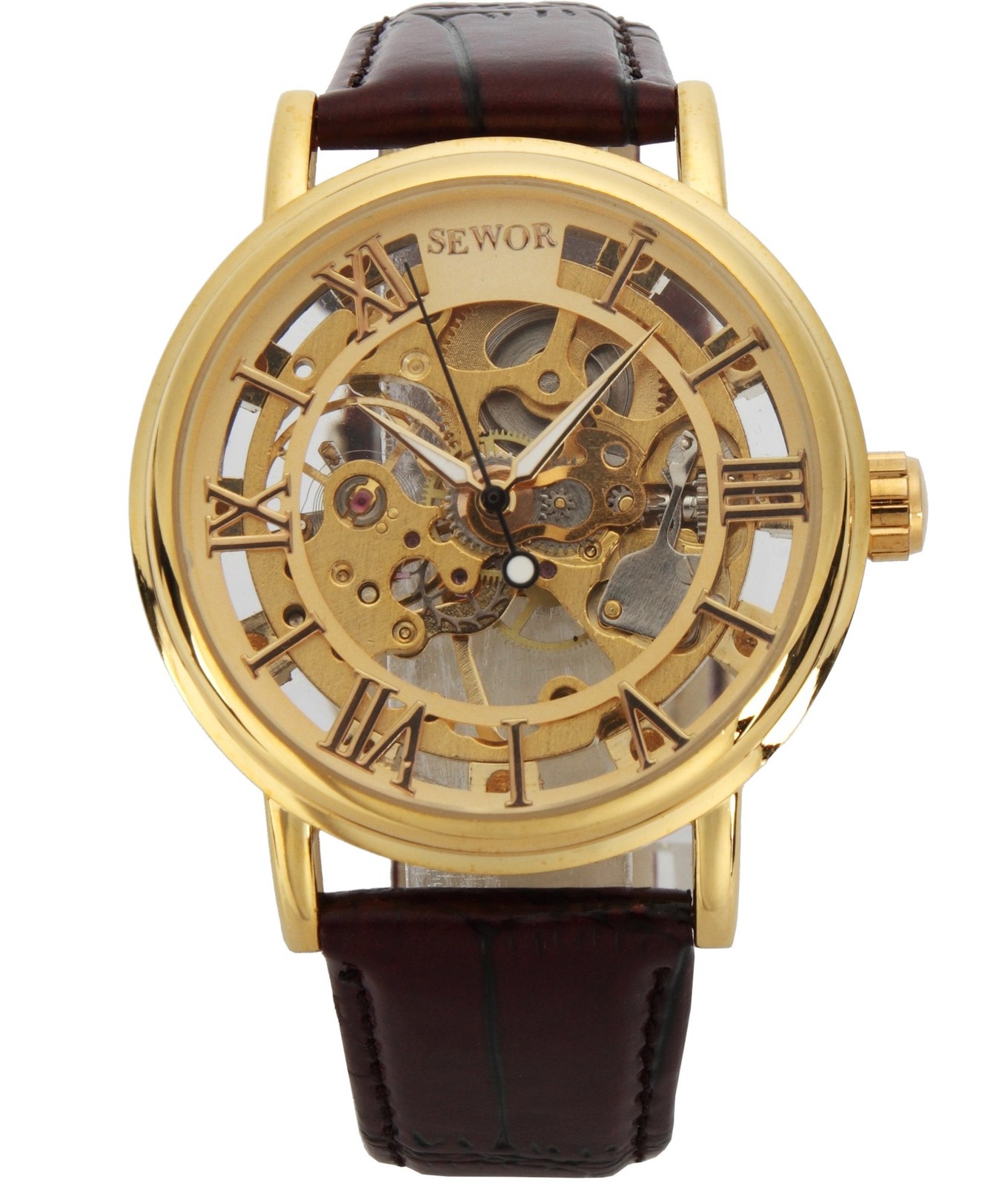 SEWOR Men’s Mechanical Skeleton Transparent Vintage Style Leather Wrist…