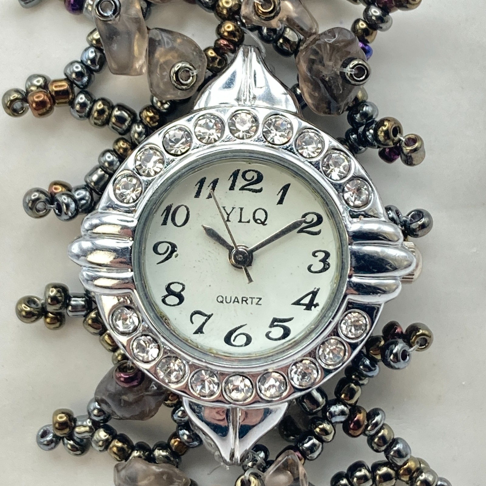 Artisan Womens Watch Beaded Gemstone Silver Tone Crystals New Battery 7.25″