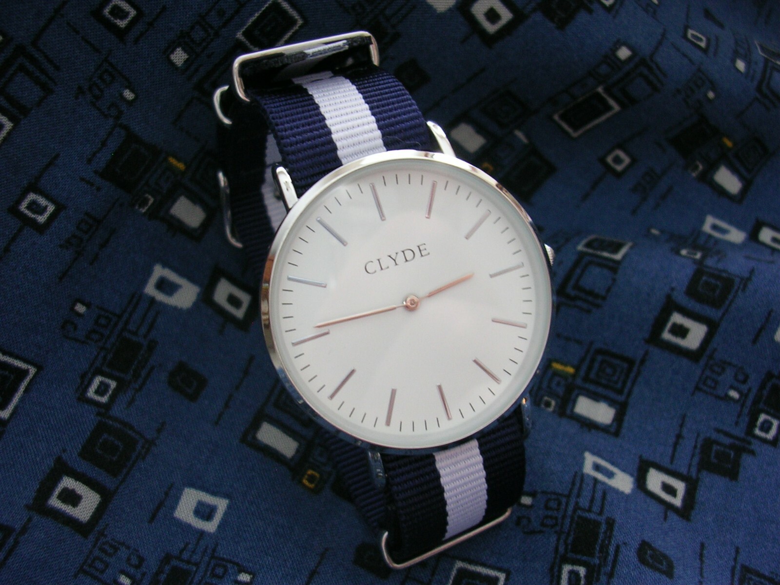 Clyde Minimalistic Mens Dress watch Silver Case NATO® Navy White nylon strap USA