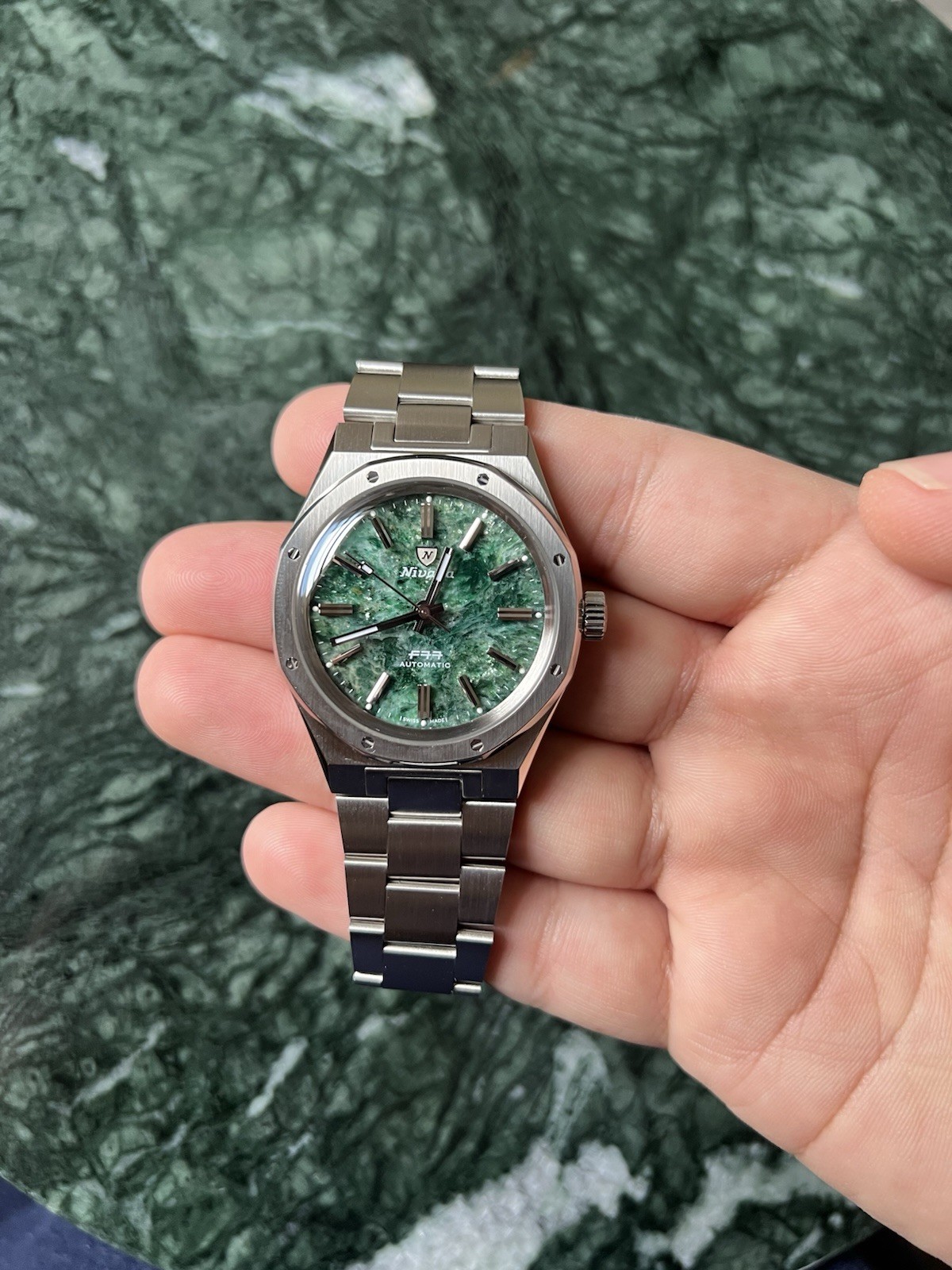 Nivada Grenchen F77 Automatic Stainless Steel Green Aventurine Dial Watch