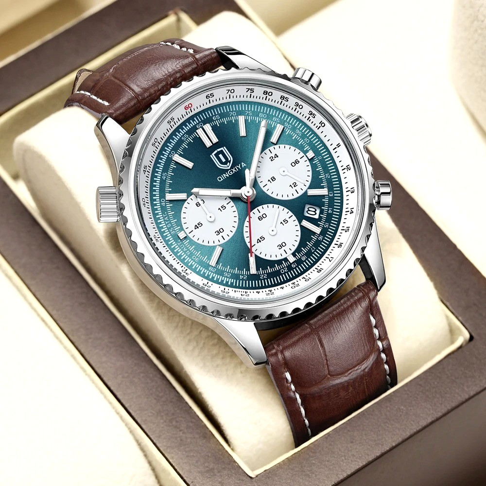 43MM QINGXIYA Luxury Quartz Watch Men’s Genuine Leather Waterproof Luminous NEW