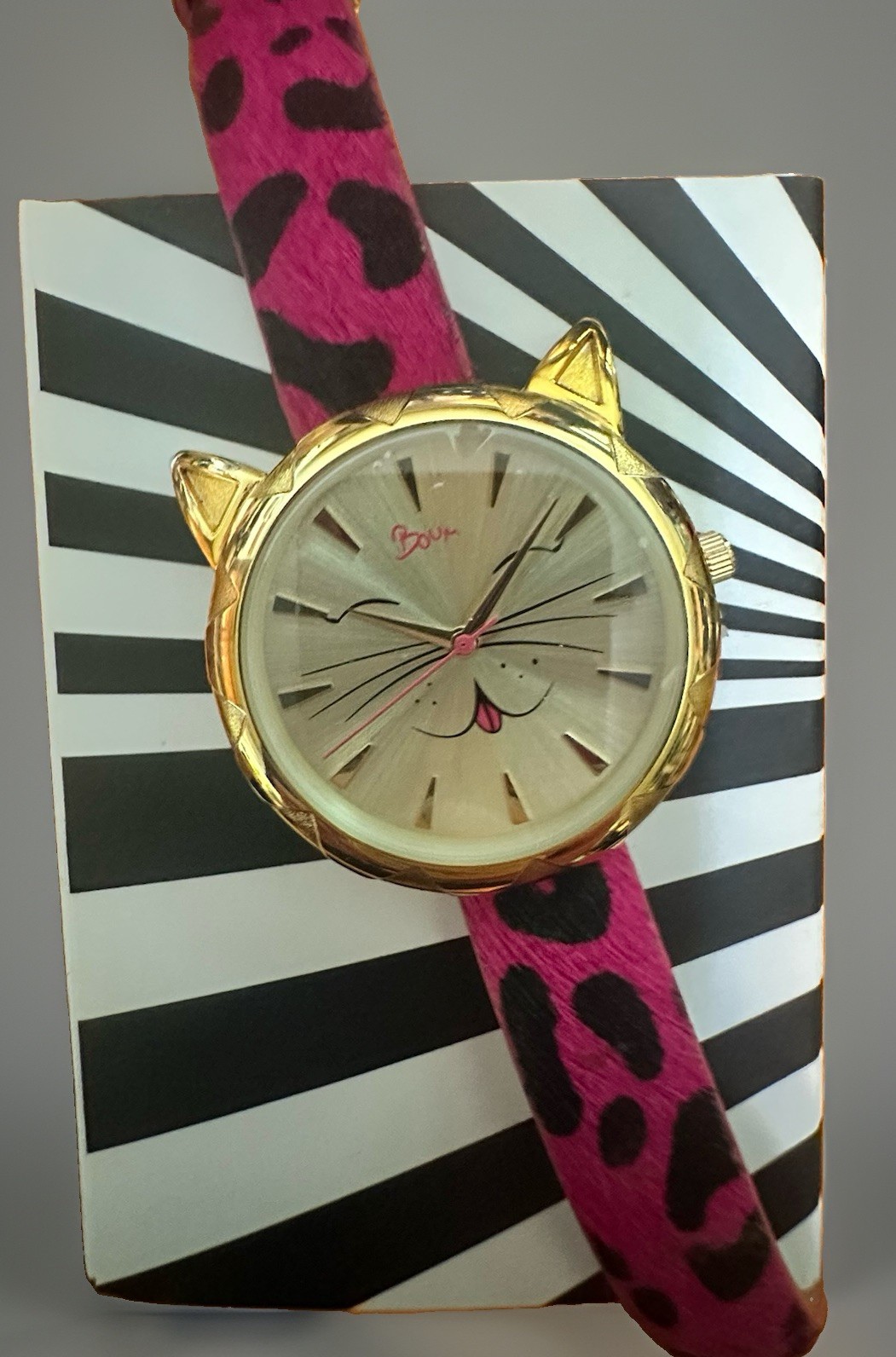 Boum Cat Ears Dial Quartz Analog Watch Gold Tone Pink/Black Leopard Strap