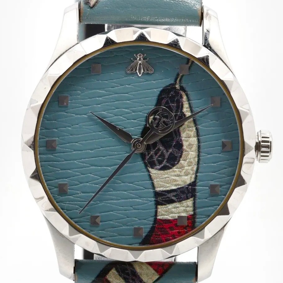 Gucci G-Timeless YA1264080 126.4 Kingsnake Quartz Blue Leather Strap Unisex