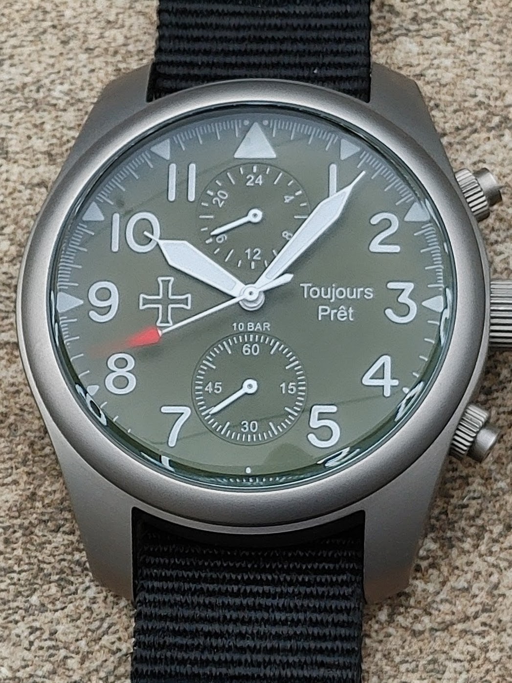 Toujours Pret GMT military field watch blasted stainless steel, green