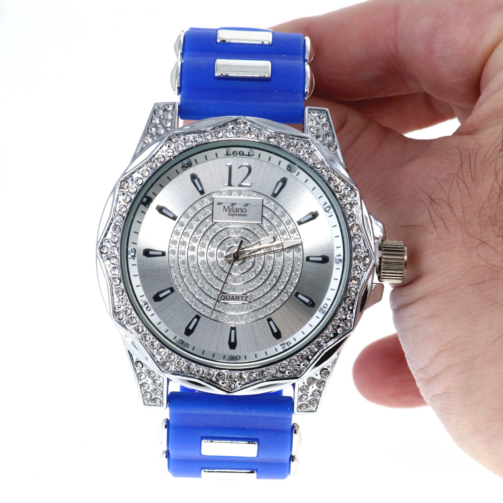 Men Gold Silver Fully Iced Bling Bezel Blue Silicon Bullet Band Hip Hop Watch
