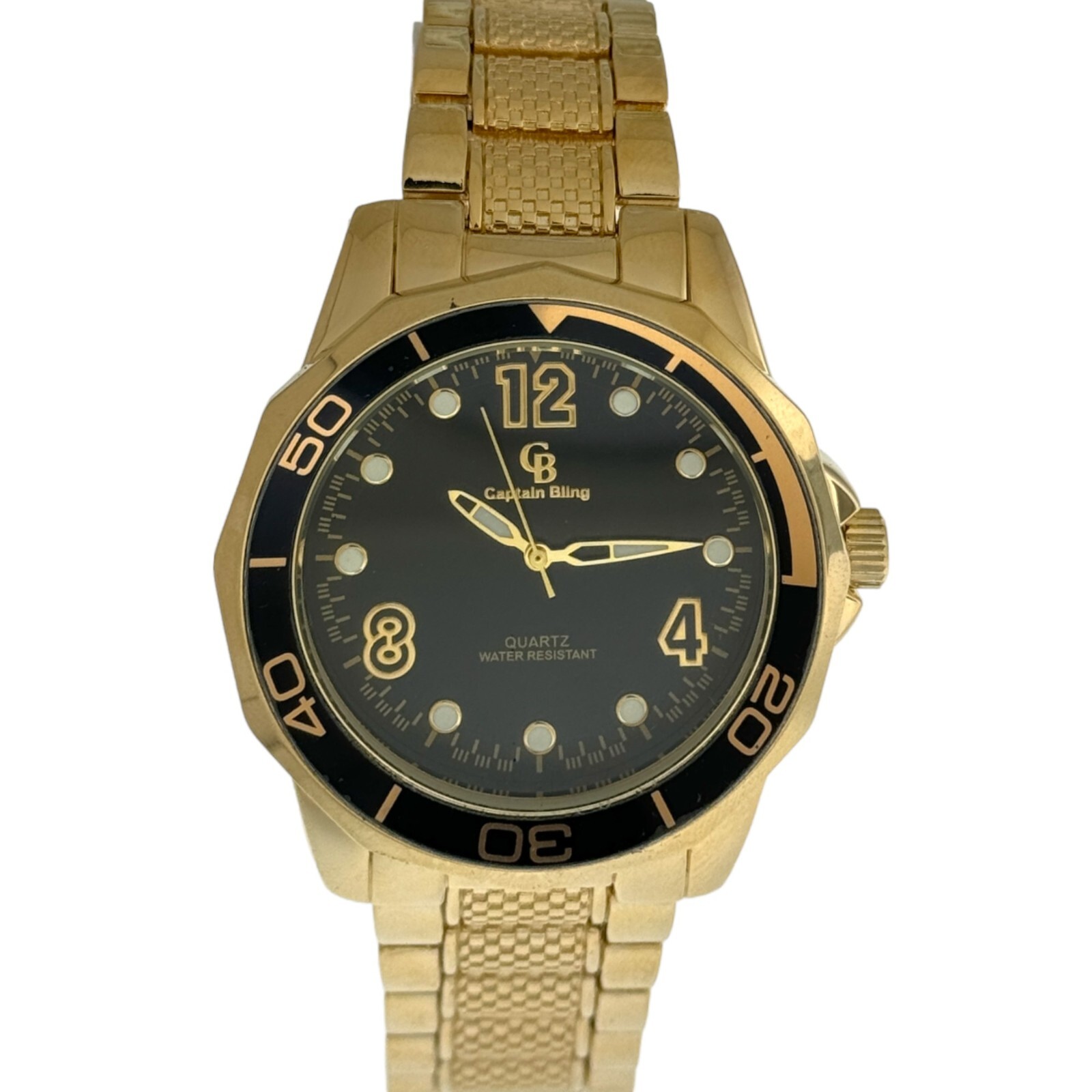 Captain Bling Gold Stainless Steel Watch: Black Dial Rotating Bezel