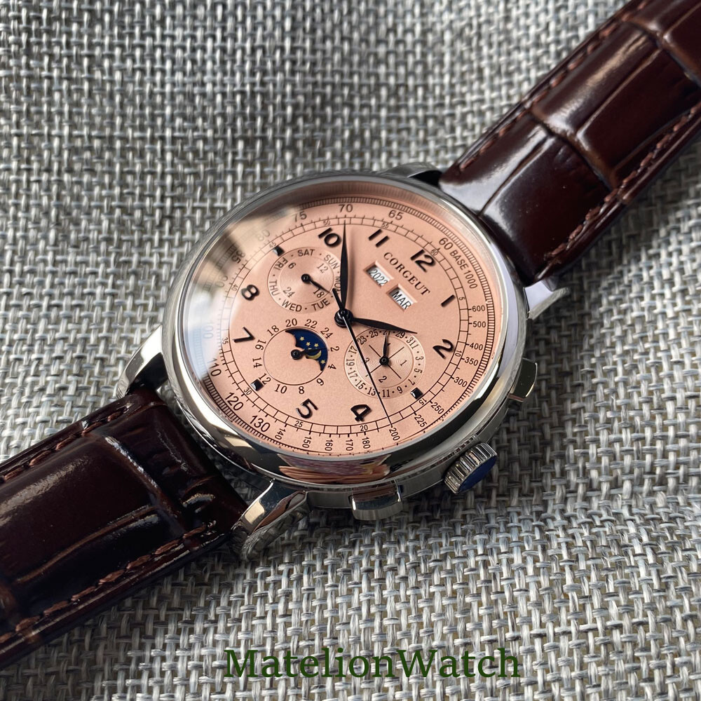 Corgeut 42mm Silver/Rose Gold Automatic Mens Watch Day Date Month Year Day/Night