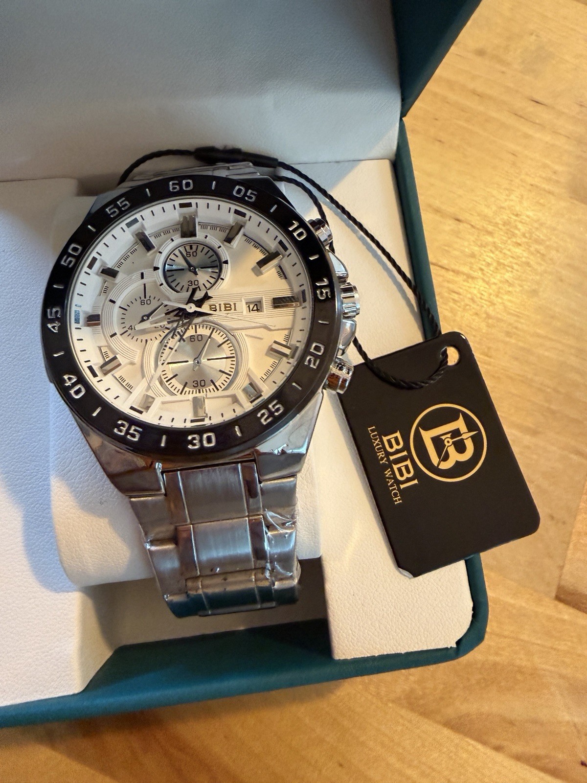 BIBI Men’s Quartz Chronograph Date Watch K6945 Silver Dial Black Bezel Box
