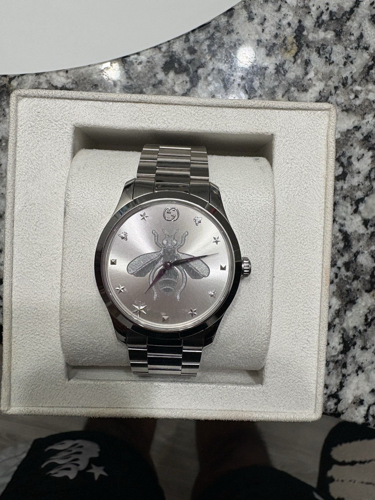 Gucci G-Timeless Bee Motif 38mm Silver Dial Steel Quartz Watch w/ Box