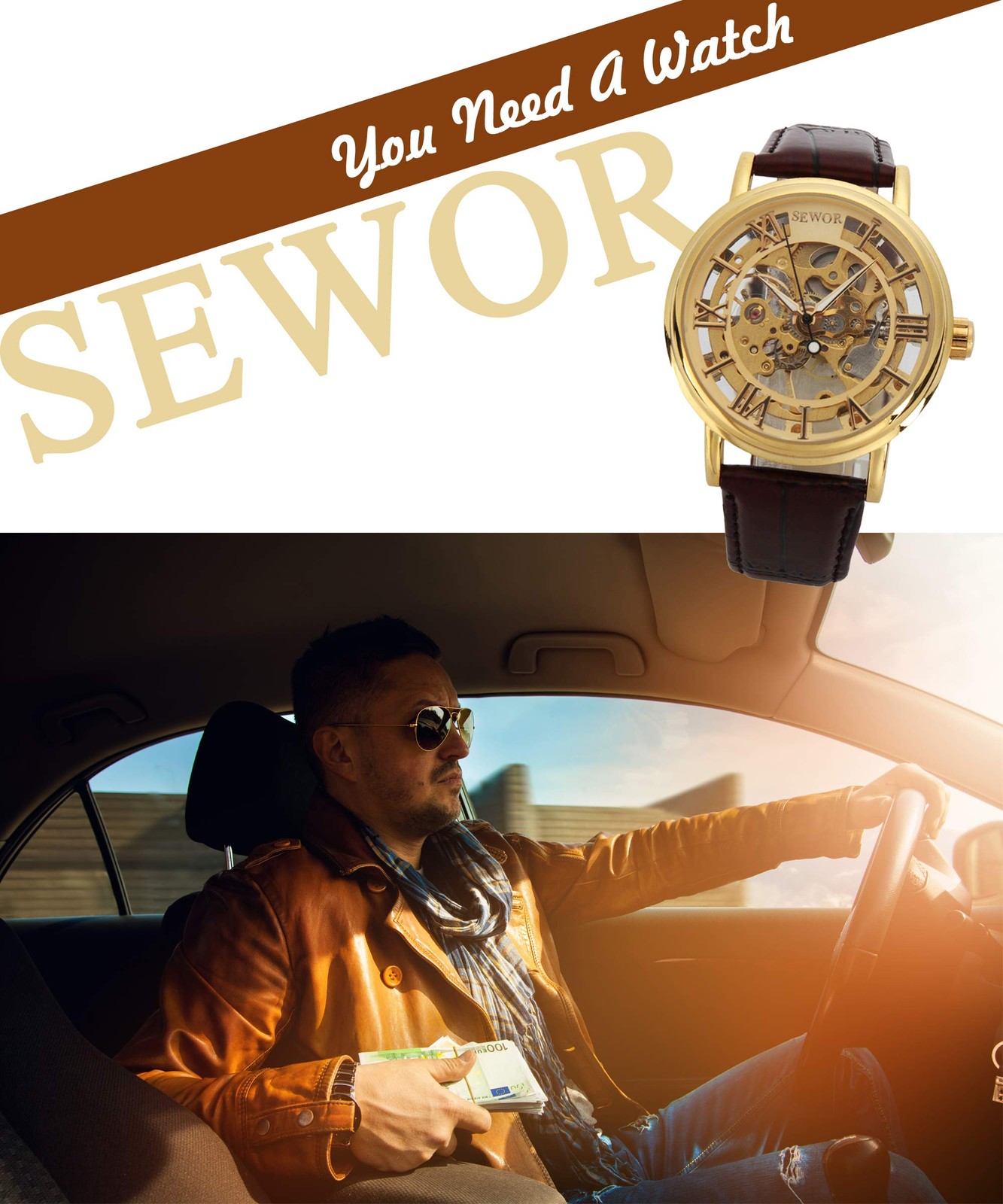 SEWOR Men’s Mechanical Skeleton Transparent Vintage Style Leather Wrist…