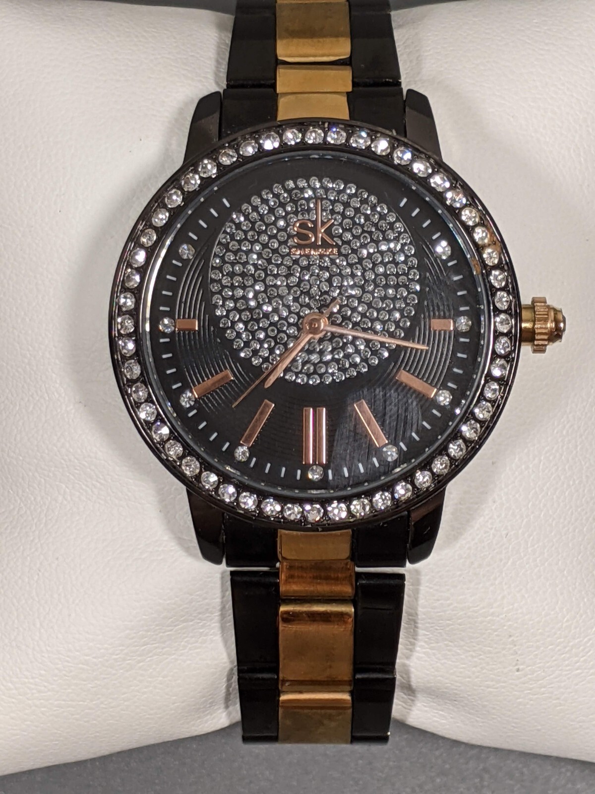 Shengke SK Womans Gunmetal Gray Gold Tone Crystal Accent Watch 6.75 in