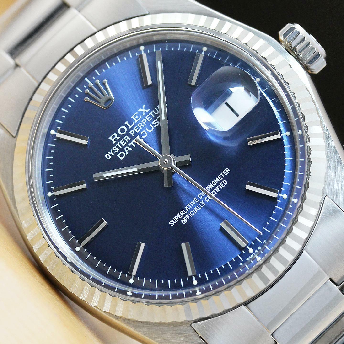 ROLEX MENS DATEJUST BLUE DIAL 18K WHITE GOLD & STEEL WATCH w/OYSTER BAND