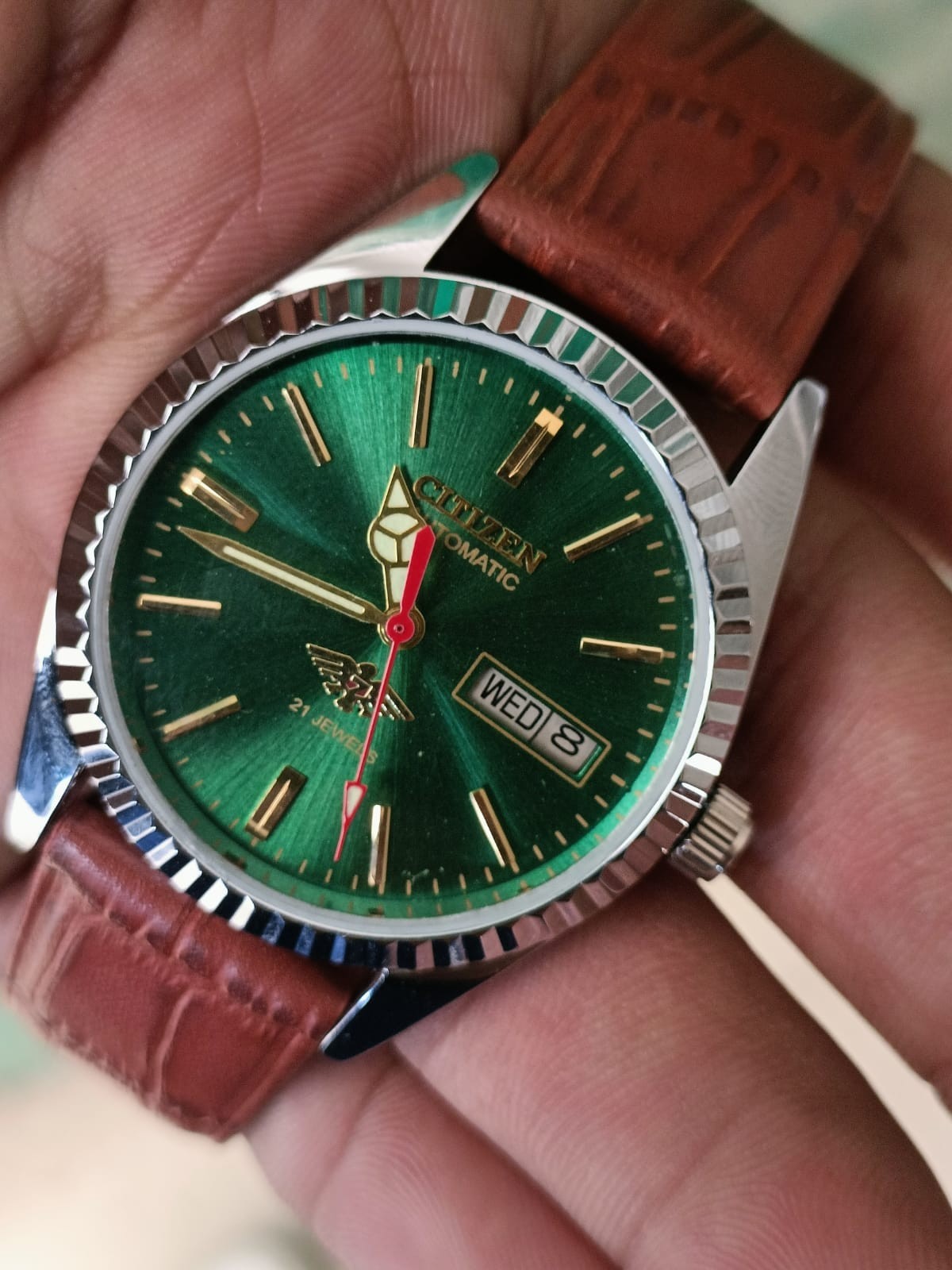 Citizen Automatic Green Dial Day/Date 21 Jewels Stainless Steel Mens Wrist Watch