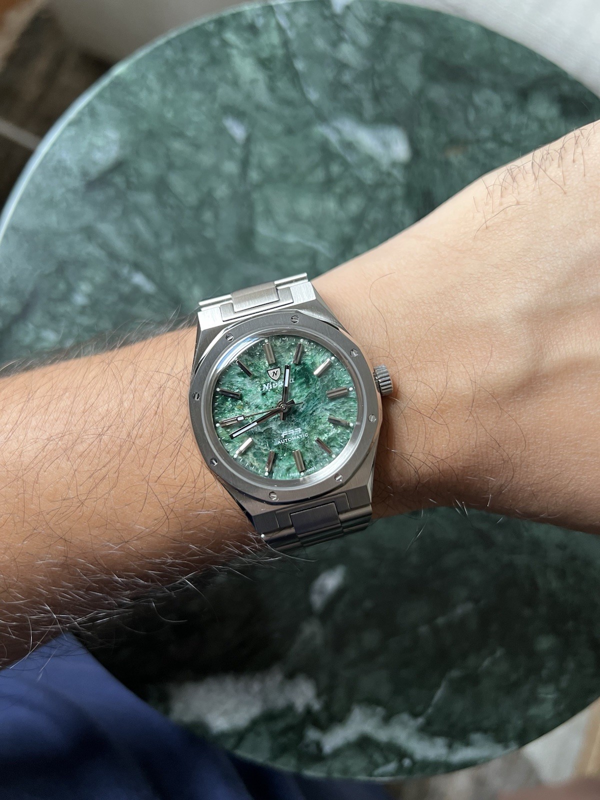 Nivada Grenchen F77 Automatic Stainless Steel Green Aventurine Dial Watch