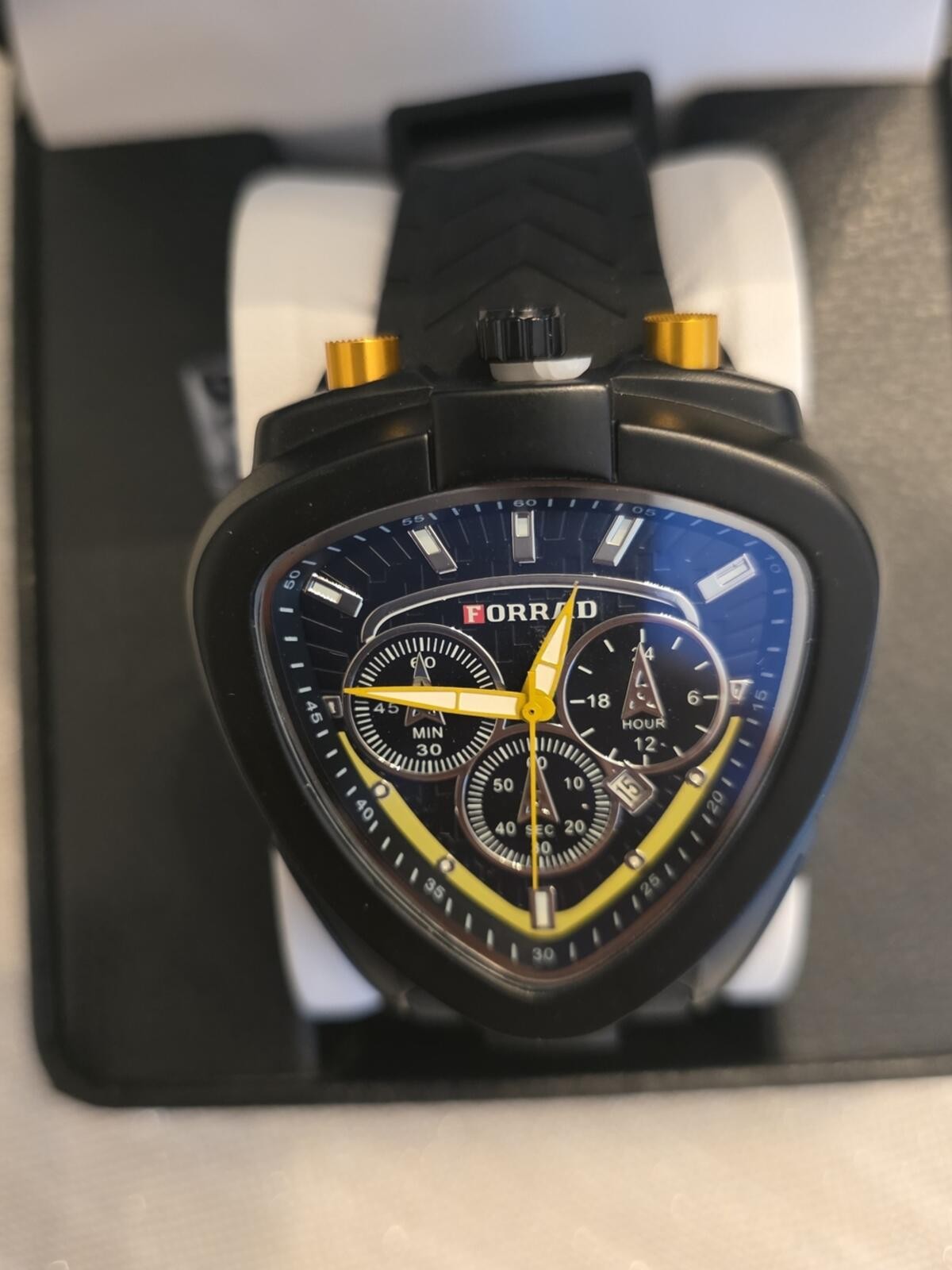 197. FORRAD Black & Blue Triangular Chronograph Watch with Yellow Accents